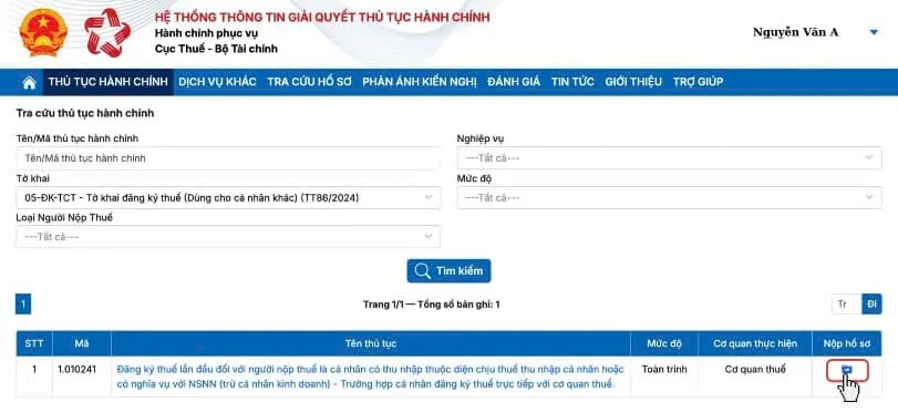 Chọn biểu tượng bên dưới mục Nộp hồ sơ