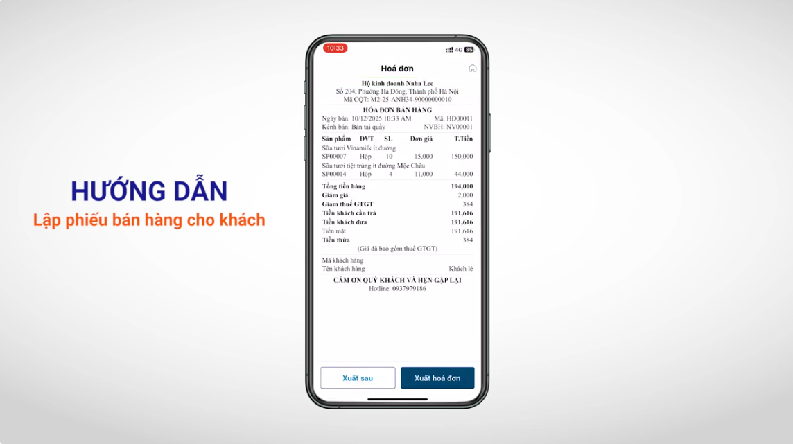 Người dùng xuất hóa đơn trên ngay trên App TruePOS.