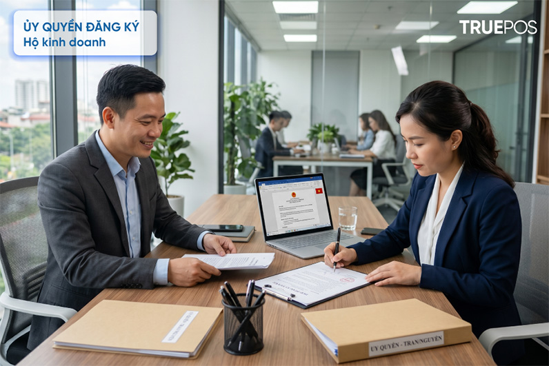 Người kinh doanh ủy quyền cho cá nhân hoặc tổ chức khác thực hiện thủ tục đăng ký hộ kinh doanh.