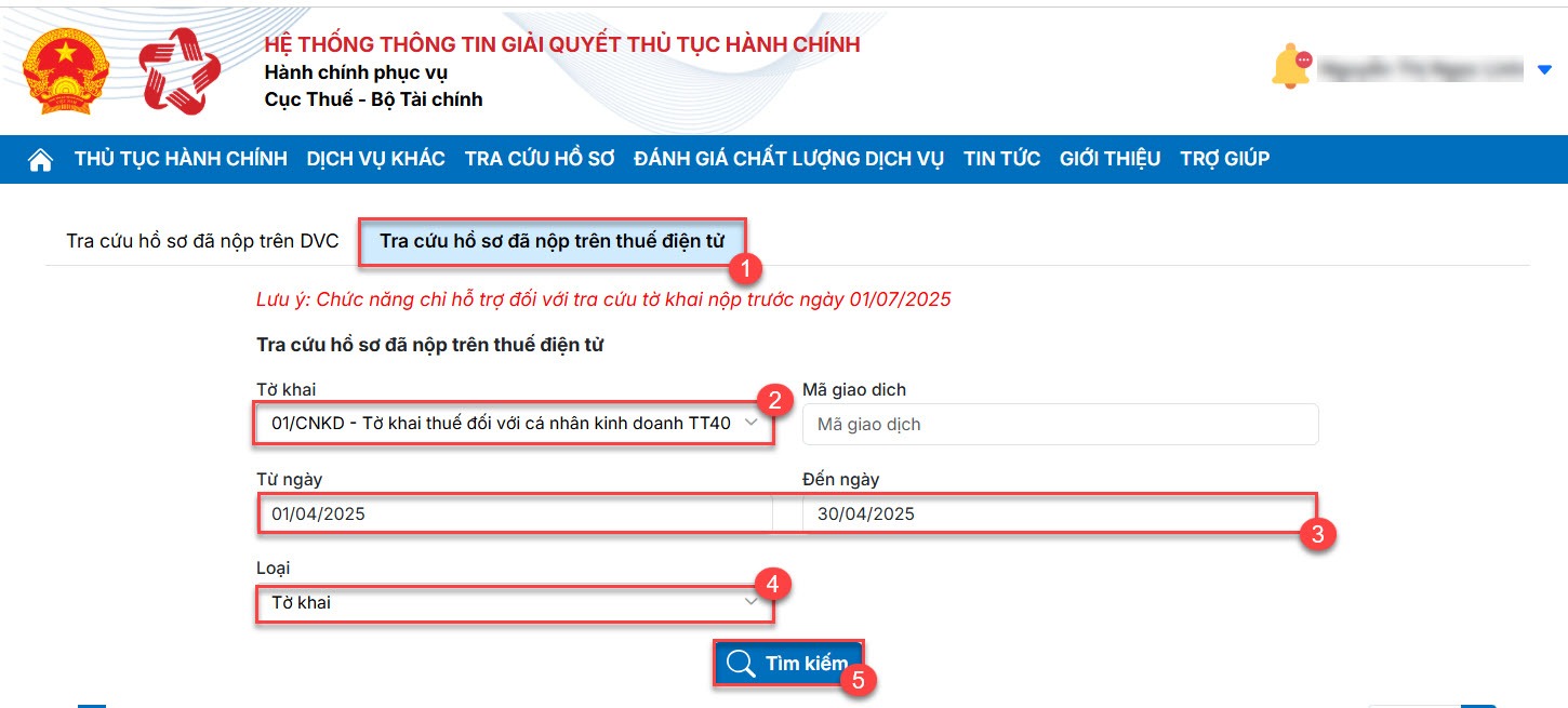 Người dùng tra cứu hồ sơ đã nộp trên Thuế điện tử.