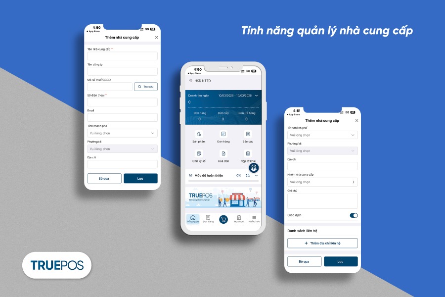 Phần mềm TruePos có tính năng quản lý nhà cung cấp cho hộ kinh doanh.
