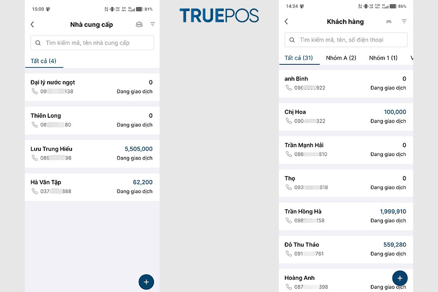 Giao diện quản lý khách hàng và nhà cung cấp.