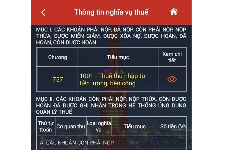 Hệ thống sẽ hiển thị chi tiết tình trạng các khoản thuế đã được ghi nhận