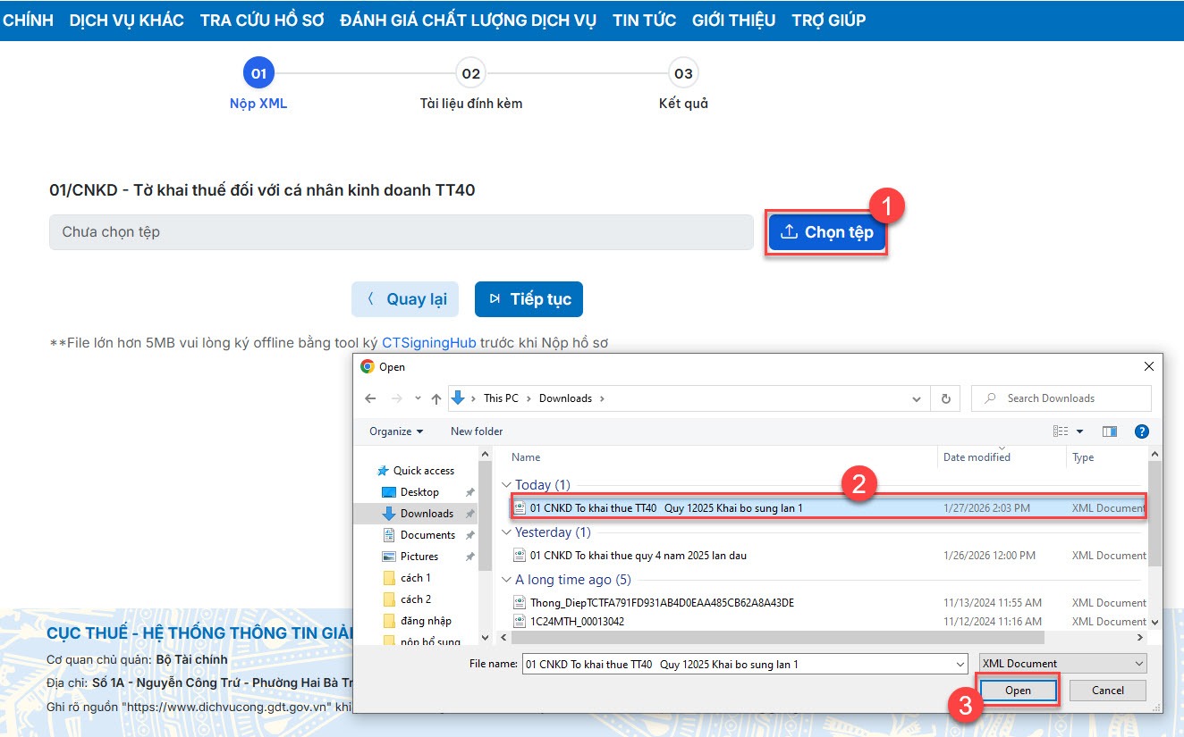 Chọn tệp 01 CNKD tờ khai thuế TT40 khai bổ sung lần 1 để mở.