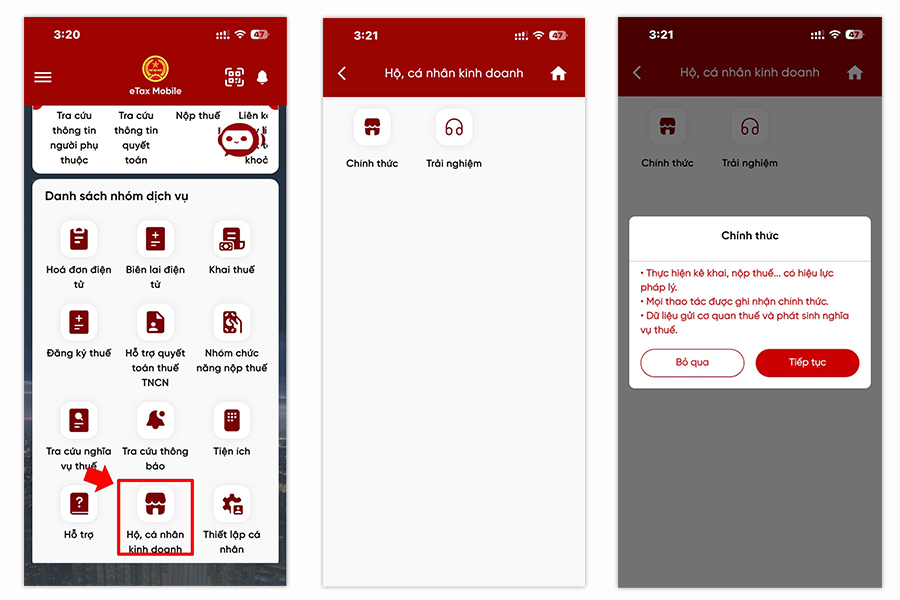 Truy cập nhóm dịch vụ Hộ kinh doanh