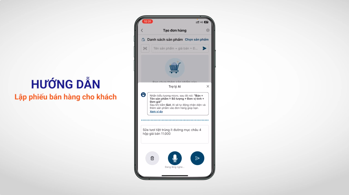 ví dụ mẫu sử dụng trợ lý AI để nhập thông tin sản phẩm.