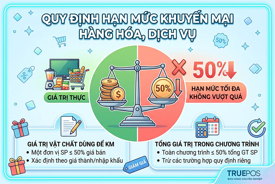Giá trị hàng hóa, dịch vụ dùng để khuyến mại không vượt quá 50%.