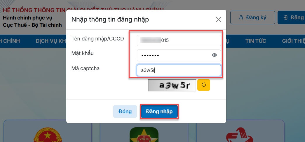 Đăng nhập hệ thống bằng tài khoản Thuế điện tử cá nhân.