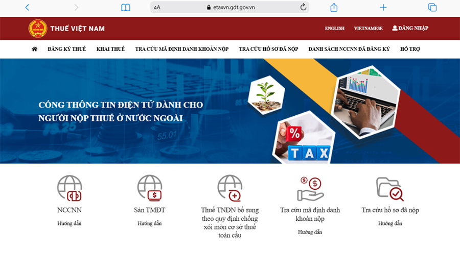Cổng thông tin điện tử dành cho người nộp thuế ở nước ngoài giao diện tiếng Việt