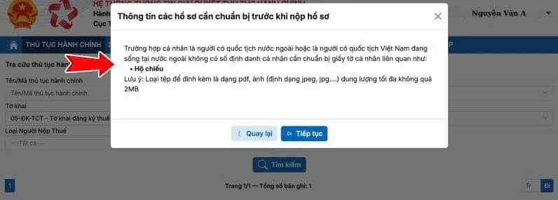 chuẩn bị bộ hồ sơ, sau đó chọn Tiếp tục