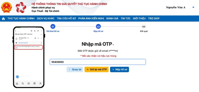 Chọn Nộp hồ sơ để hoàn tất việc gửi đăng ký thuế trực tuyến.