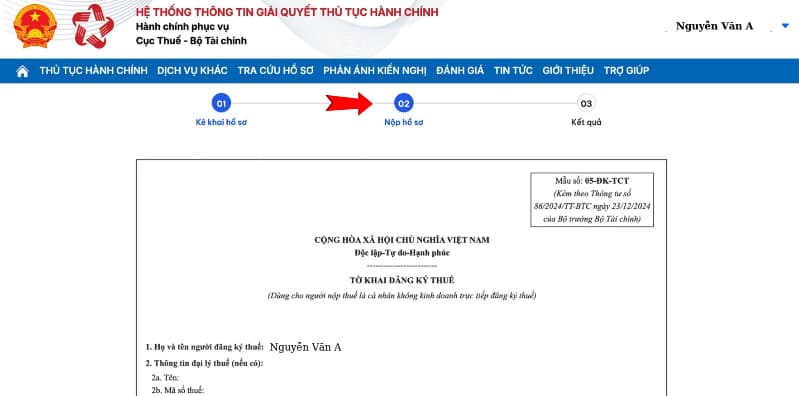 chọn Tiếp tục để gửi hồ sơ đăng ký thuế