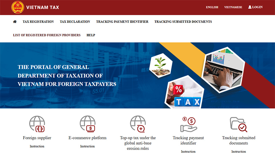 Cổng thông tin điện tử dành cho người nộp thuế ở nước ngoài giao diện tiếng Anh.