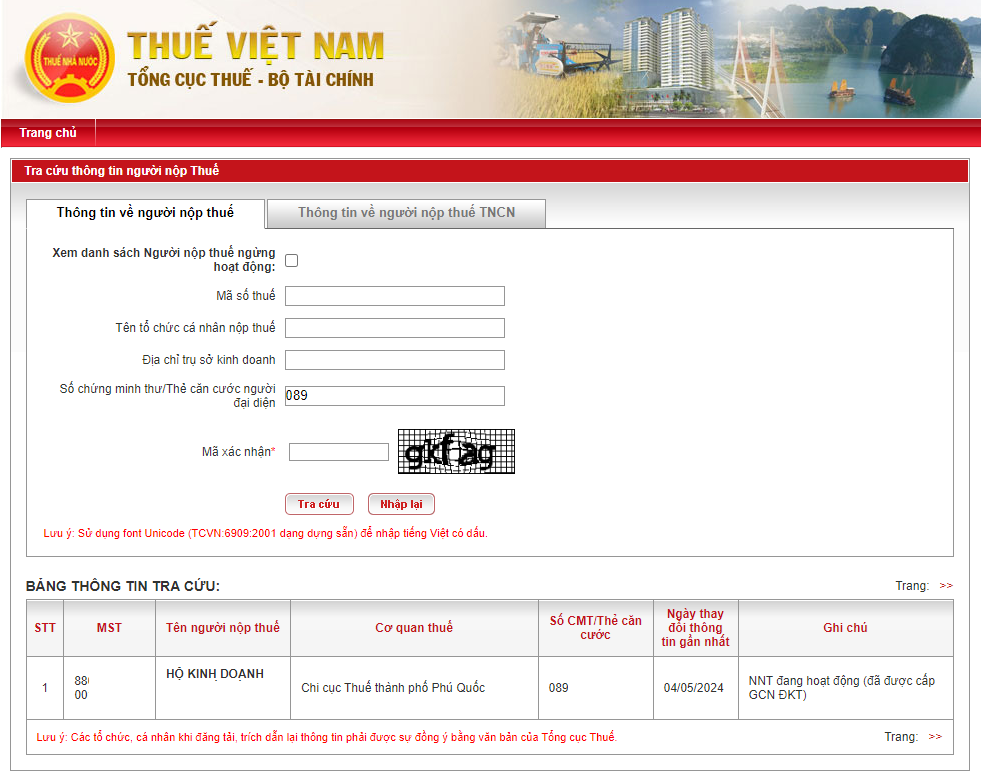 Kết quả tra cứu MST HKD trên trang Cục Thuế.