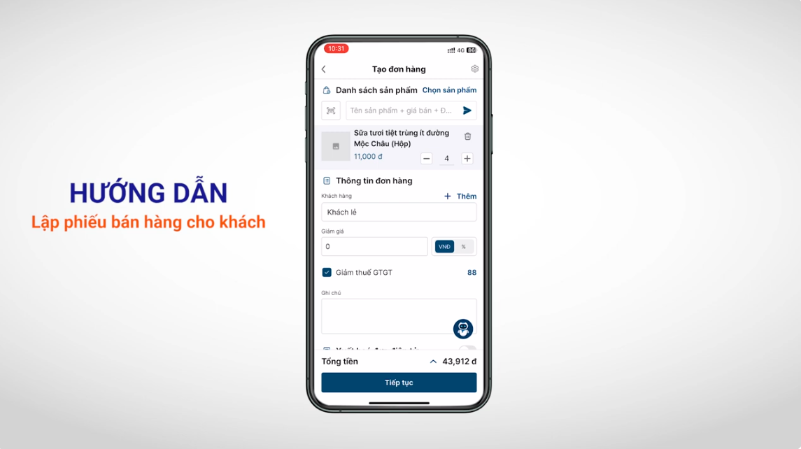 Đơn hàng được tạo trên TruePOS Mobile.