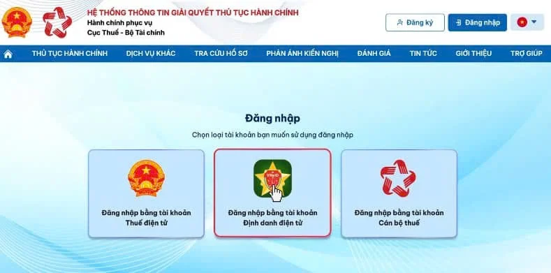 người nộp thuế chọn phương thức Đăng nhập