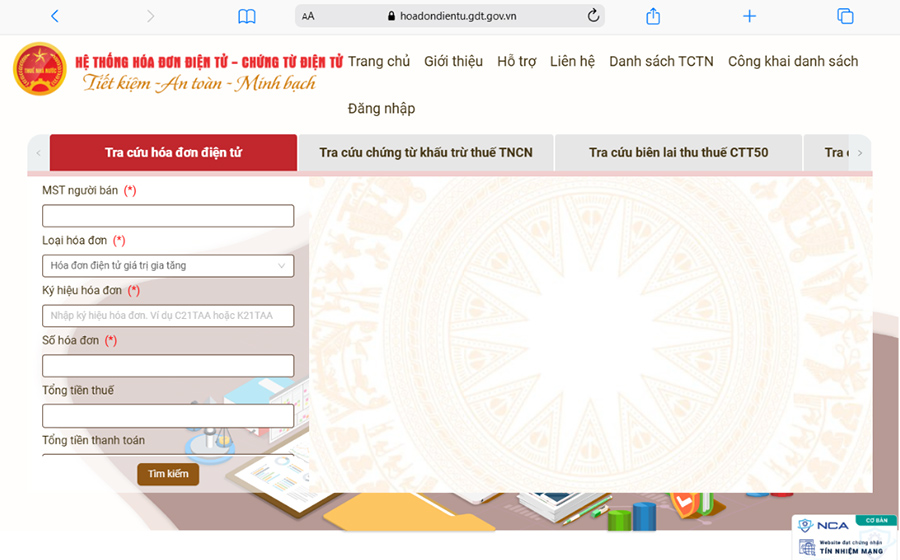 Giao diện hệ thống hóa đơn điện tử - chứng từ điện tử của Tổng cục Thuế